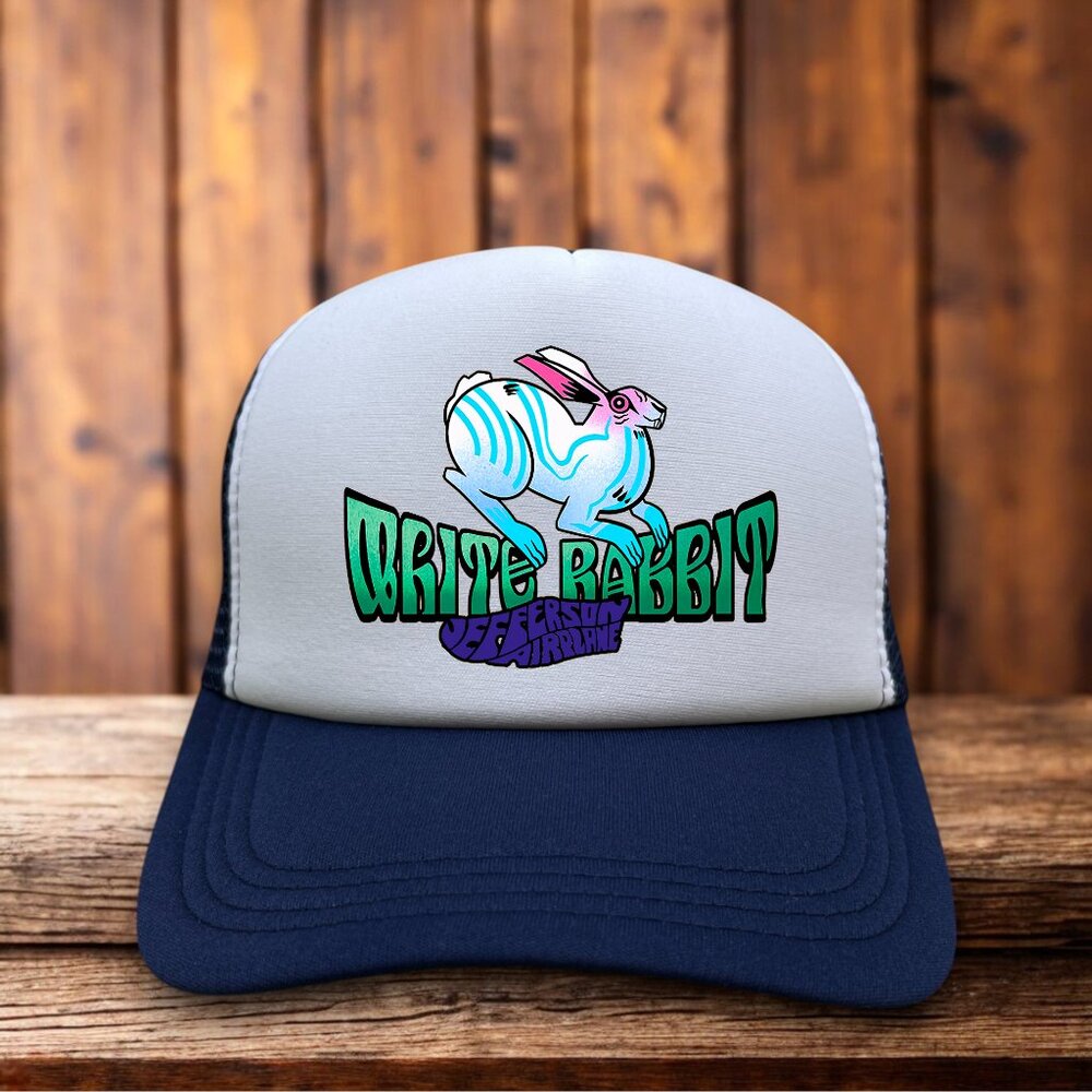 Jefferson Airplane White Rabbit Mens Trucker Hat Navy 60s Psychedelic Rock
